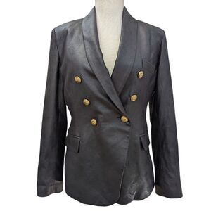 OO LA LA Faux Leather Baroque Art Deco Double Breasted Blazer Jacket Black Sz 8